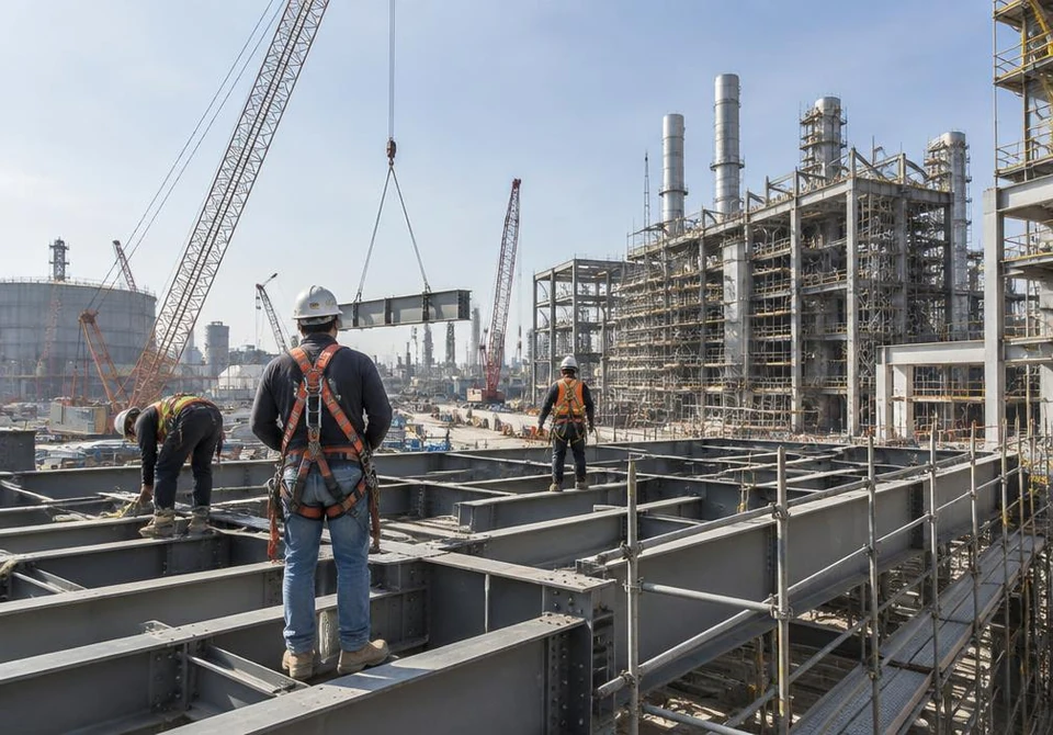 Construction site with steel structure, scaffolding and workers wearing helmets and harnesses