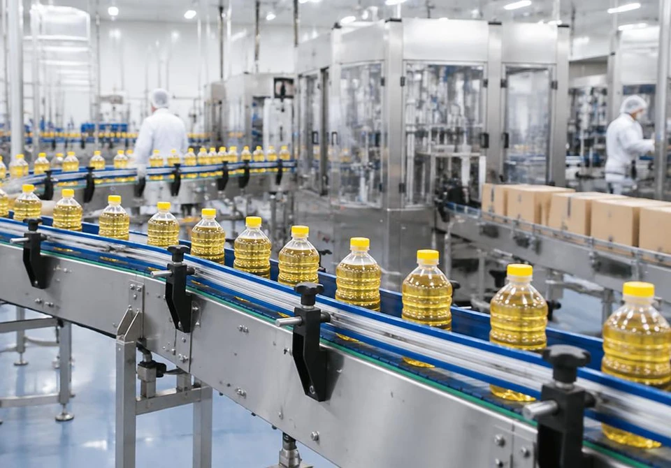 FMCG bottling and packaging line inside a clean production facility