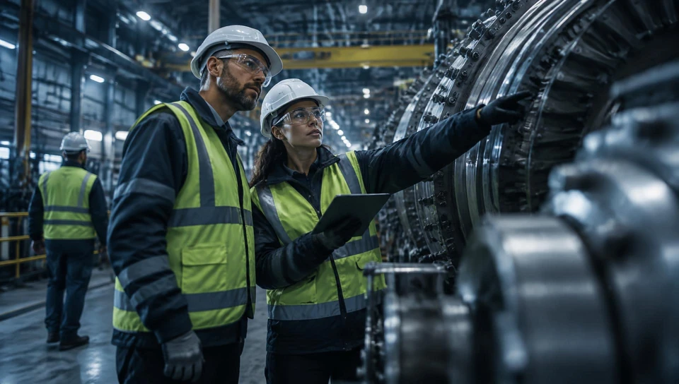 Industrial workers in helmets and high-visibility vests inspecting plant machinery