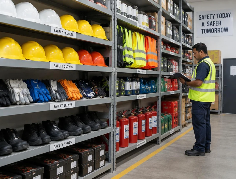 Organised warehouse shelves of safety helmets, gloves, safety shoes and fire extinguishers