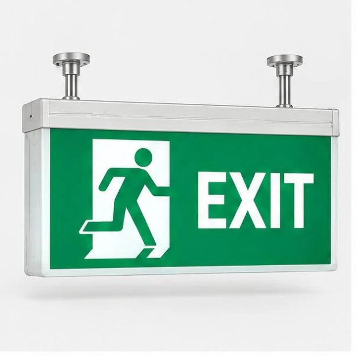 Illuminated green emergency exit sign with running figure