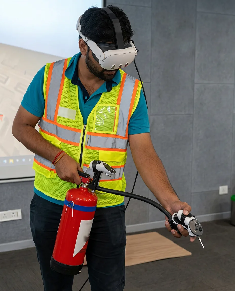 Trainee wearing a VR headset and safety vest, practising with a sensor-fitted fire extinguisher, from Veer’s brochure