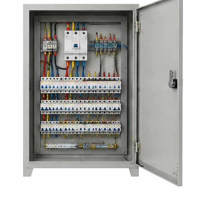 Representative electrical distribution panel with breakers and internal wiring